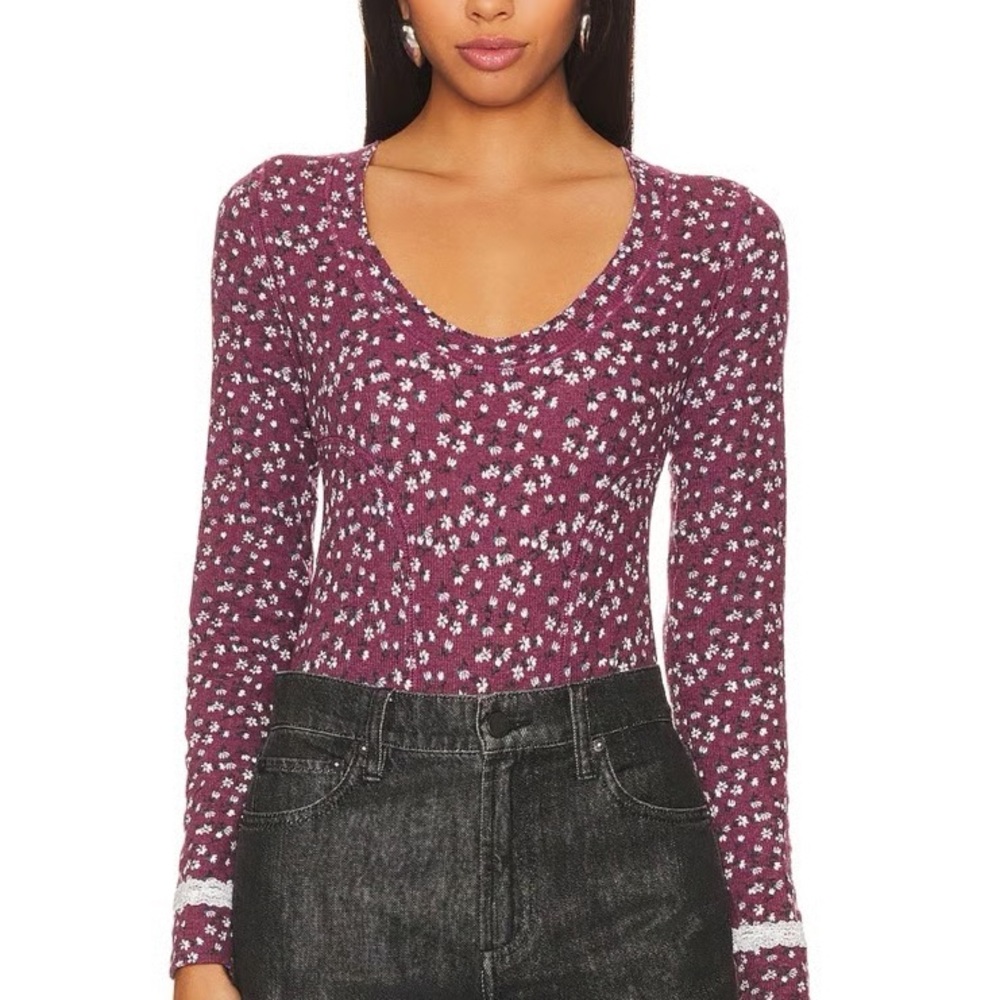 Free People Intimately Sugar Dreams Floral Thermal Knit Bodysuit